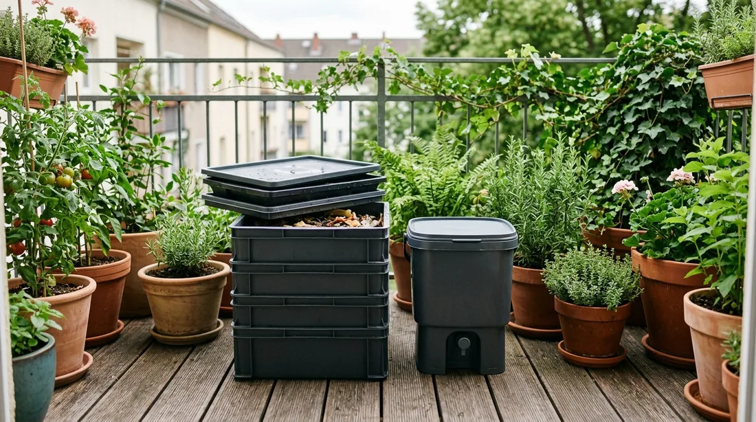 Wurmkomposter und Bokashi-Eimer auf einem Balkon neben bepflanzten Kübeln
